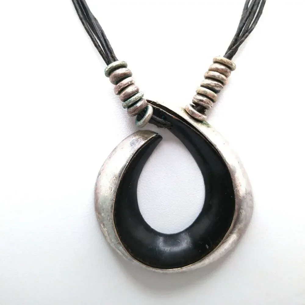 Chico's Black Enamel Pendant Necklace, Four Faux Leather Cords, Silver Tone Bead